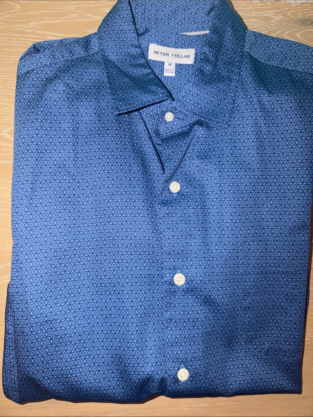 Peter Millar Navy Micro-Geo Button-Down Shirt Size Medium